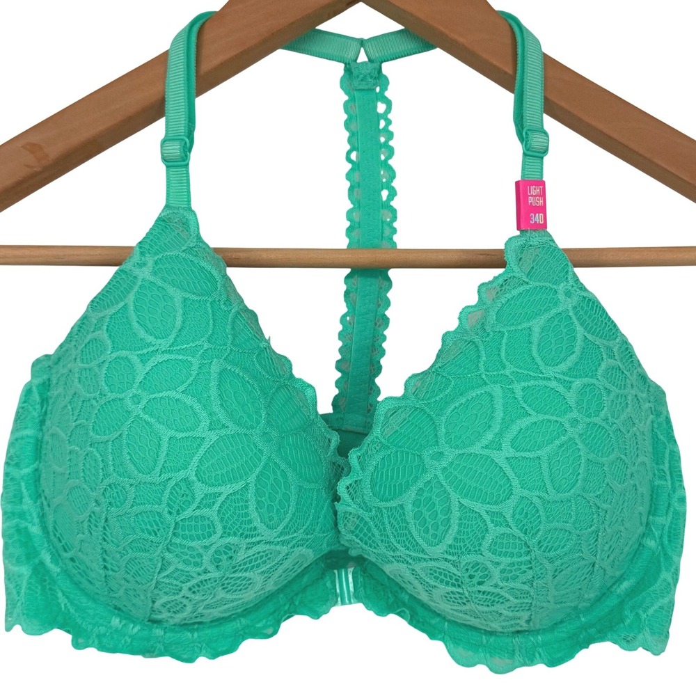 NWT Victoria's Secret PINK Green LaceLight Push Up Bra Front Close 34D